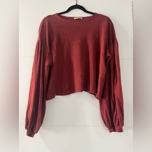 Ulla Johnson Long Sleeve Shirt, Medium Rust Red Balloon-Sleeve Cropped Top